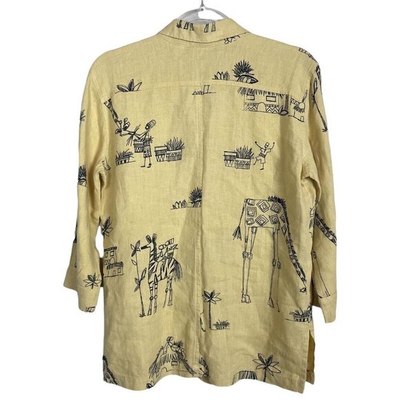 Chico's Size 0 XS Yellow Black Linen Button‎ Up 3/4 Sleeve Villagers Giraffe Top - Picture 4 of 5